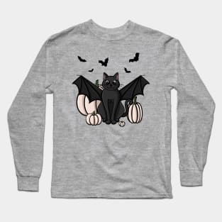 Cute Black Cat in a Bat Costume With White Pumpkins Long Sleeve T-Shirt